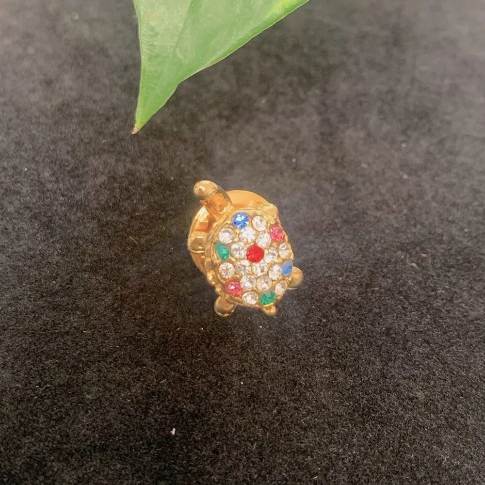 Miniature Gold Tone Turtle Pin with Multi-Colored Crystal Shell Details - Picture 3 of 6